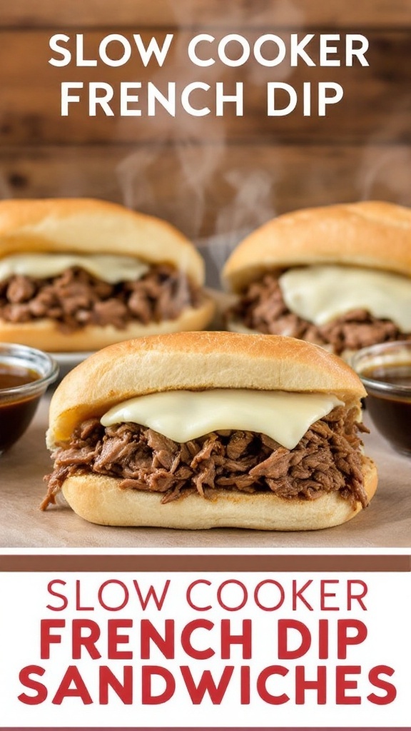 Savory Slow Cooker French Dip Sandwiches with melted cheese and dipping Au Jus, ready to be enjoyed.